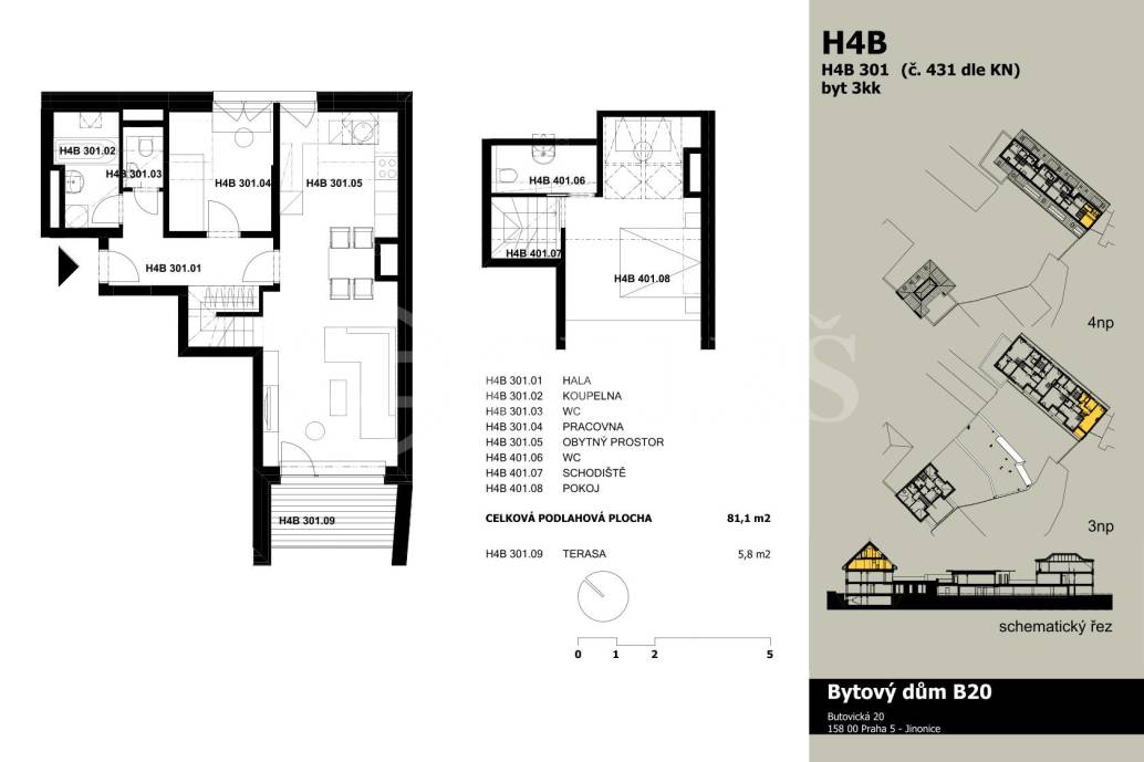 Pronájem bytu 3+kk s terasou, OV, 81m2, ul. Butovická 1006/20, Praha 5 - Jinonice