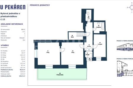 Prodej bytové jednotky 2+1, předzahrádka, parkovací stání, OV, 90,9 m2, ul. U Pekáren 253/2, Praha 15 - Hostivař