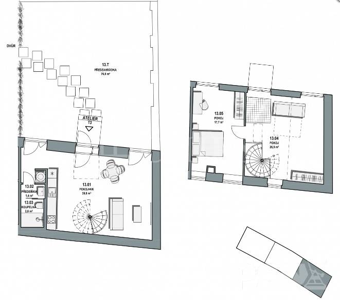 Prodej mezonet. ateliéru 2+kk, s předzahrádkou, 88,5m2, ul. Orelská, P-10 Vršovice