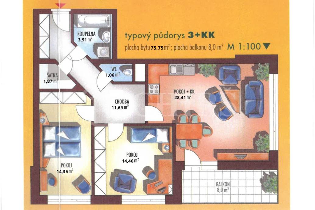 Prodej bytu 3+kk s balkonem, OV, 76m2, ul. Přeučilova 2735/3, Praha 5 - Stodůlky