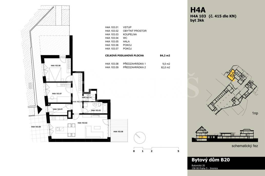 Pronájem bytu 3+kk s dvěma terasami, OV, 84m2, ul. Butovická 1006/20, Praha 5 - Jinonice