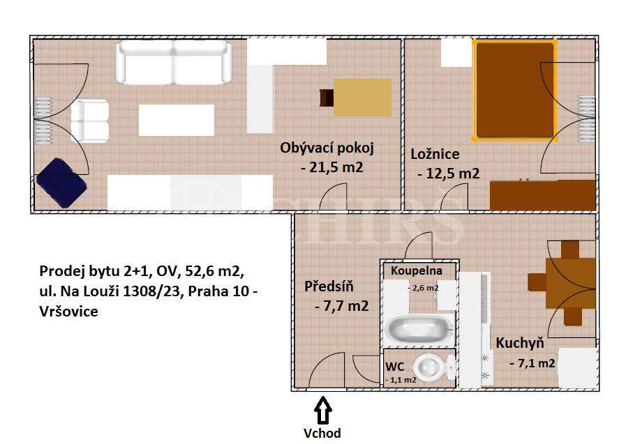 Prodej bytu 2+1, OV, 53m2, ul. Na Louži 1308/23, Praha 10 - Vršovice