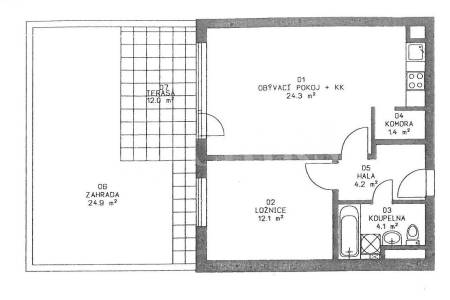 Prodej bytu 2+kk s předzahrádkou a garážovým stáním, OV, 47m2, ul. Werichova 1145/25, Praha 5 - Hlubočepy