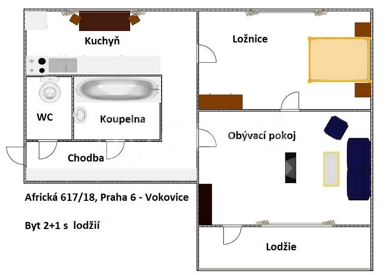 Pronájem bytu 2+1 s lodžií, OV, 53 m2, ul. Africká 617/18, Praha 6 – Vokovice