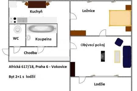 Pronájem bytu 2+1 s lodžií, OV, 53 m2, ul. Africká 617/18, Praha 6 – Vokovice