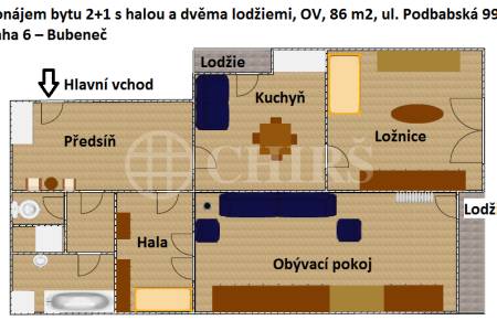 Pronájem bytu 2+1 s halou a dvěma lodžiemi, OV, 86 m2, ul. Podbabská 994/8, Praha 6 – Bubeneč 