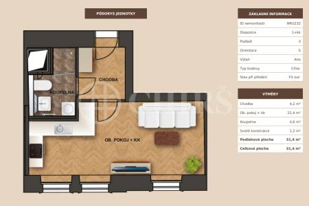 Prodej bytové jednotky 1+kk, OV, 31,4 m2, ul. Na Rybníčku 1380/18, P-2