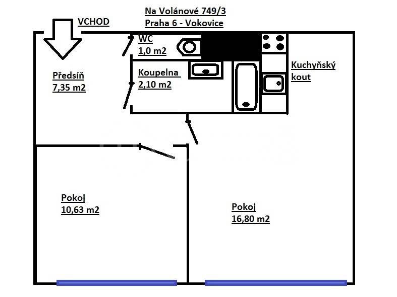 Prodej bytu 2+kk, OV, 44m2, ul. Na Volánové 749/3, Praha 6 - Vokovice