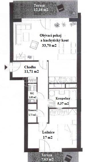 Prodej bytu 2+kk s terasami, OV, 71m2, ul. Vidoulská 760/6, Praha 5 - Jinonice