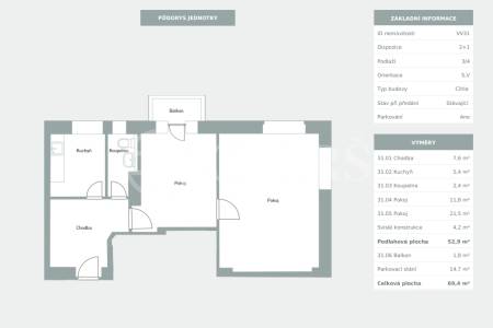 Podej bytové jednotky s pochozí střechou 2+1, OV, 53 m2, ul. Za Vokovickou vozovnou 362/19, P- 6