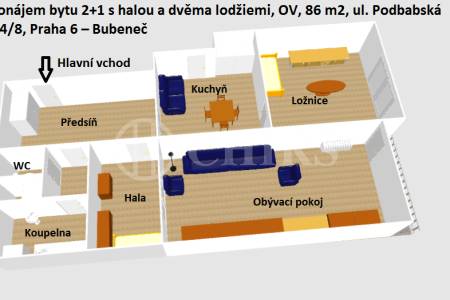 Pronájem bytu 2+1 s halou a dvěma lodžiemi, OV, 86 m2, ul. Podbabská 994/8, Praha 6 – Bubeneč 