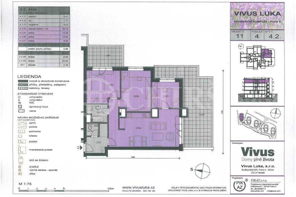 Pronájem bytu 4+kk/2x terasa/garážové stání, OV, 84m2, ul. Wiesenthalova1186/1, Praha 5 - Řeporyje