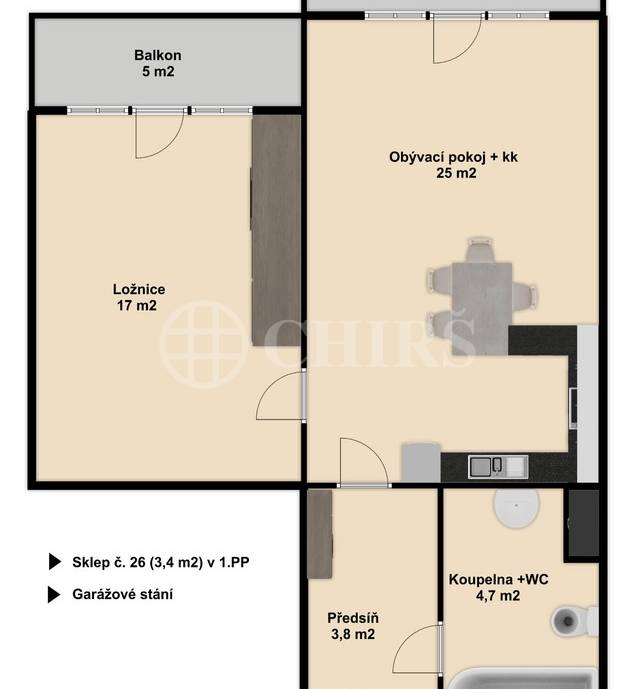 Pronájem bytu 2+kk se dvěma balkony, garážovým stáním a sklepem, OV, 66m2, ul. Wiesenthalova 1034/6, Praha 5 - Řeporyje