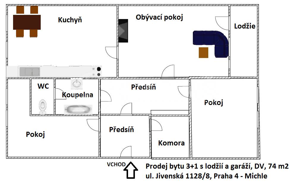 Prodej bytu 3+1 s lodžií a garáží, DV, 74 m2, ul. Jivenská 1128/8, Praha 4 – Michle 