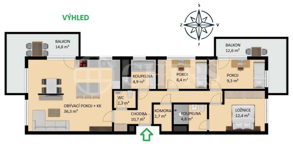 Prodej bytu 4+kk se dvěma balkony, sklepy a garážovými stáními, DV 128 m2, ul. Honzíkova, Praha 10 - Štěrboholy