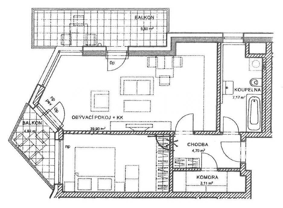 Pronájem bytu 2+kk se dvěma balkony a garážovým stáním, OV, 55m2, ul. Hugo Haase 1229/3, Praha 5 - Hlubočepy