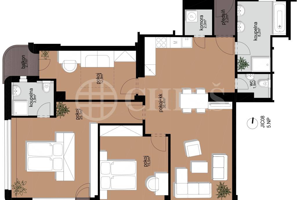 Pronájem zařízeného bytu 4+KK, 110m2, OV, Rezidence Flora - Jičínská 10, Praha 3 Vinohrady