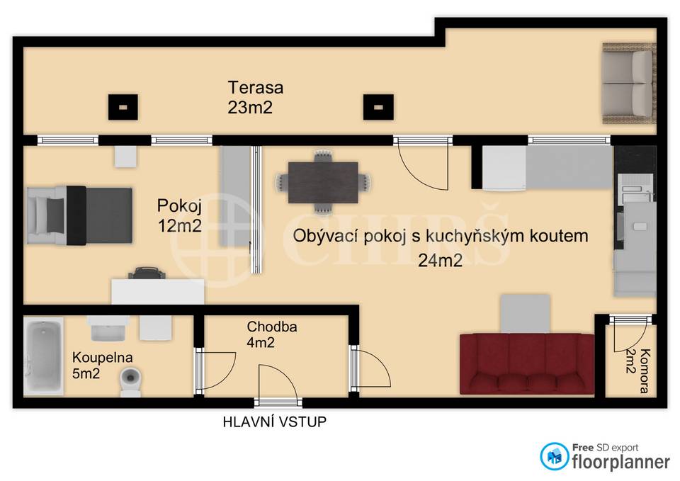 Pronájem bytu 2+kk s terasou, OV, 48m2, ul. Petrohradská 390/46, Praha 10 - Vršovice