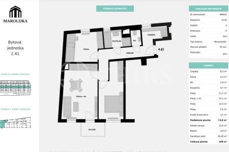 Prodej bytu 3+kk, terasa, balkon, GS, OV, 71,3 m2, ul. Maroldova, Praha 4 - Nusle