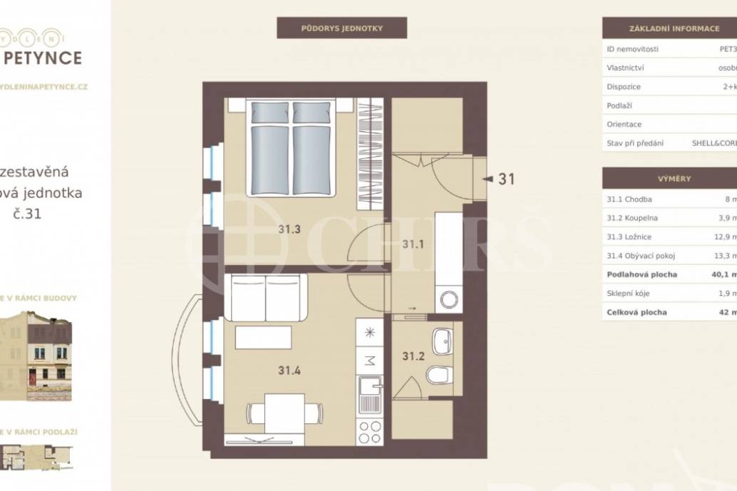 Prodej bytu 2+kk, OV, 40 m2, Na Petynce 147/98, Praha 6 - Břevnov