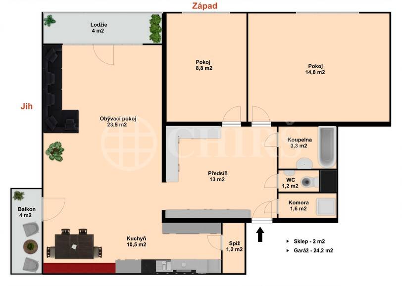 Pronájem bytu 3+kk s balkónem, lodžií, sklepem a garáží, OV, 81m2, ul. Hoškova 1110/6, Praha 5 – Malvazinky