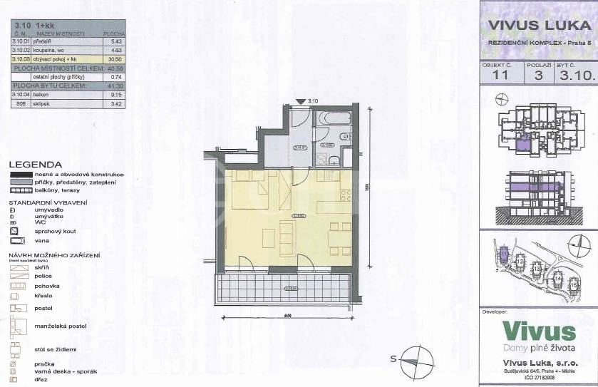 Prodej bytu 1+kk/L+garážové stání, OV, 54m2, ul. Wiesenthalova 1186/1, P-5 Řeporyje