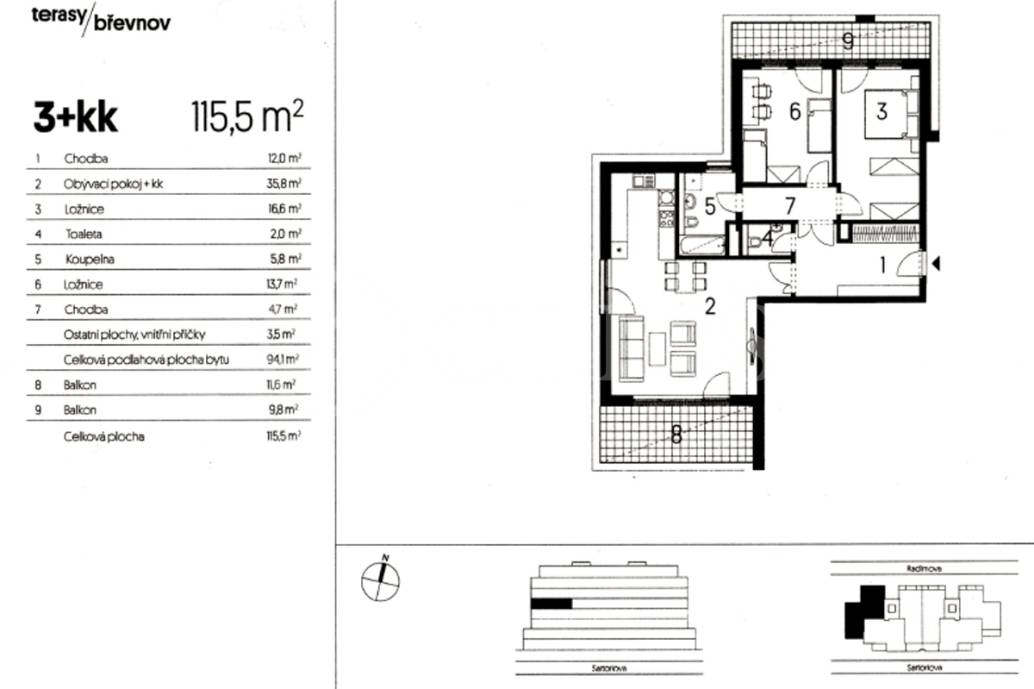 Pronájem bytu 3+kk/T,B a garážové stání, OV, 115m2, ul. Radimova 2493/37, P-6 břevnov