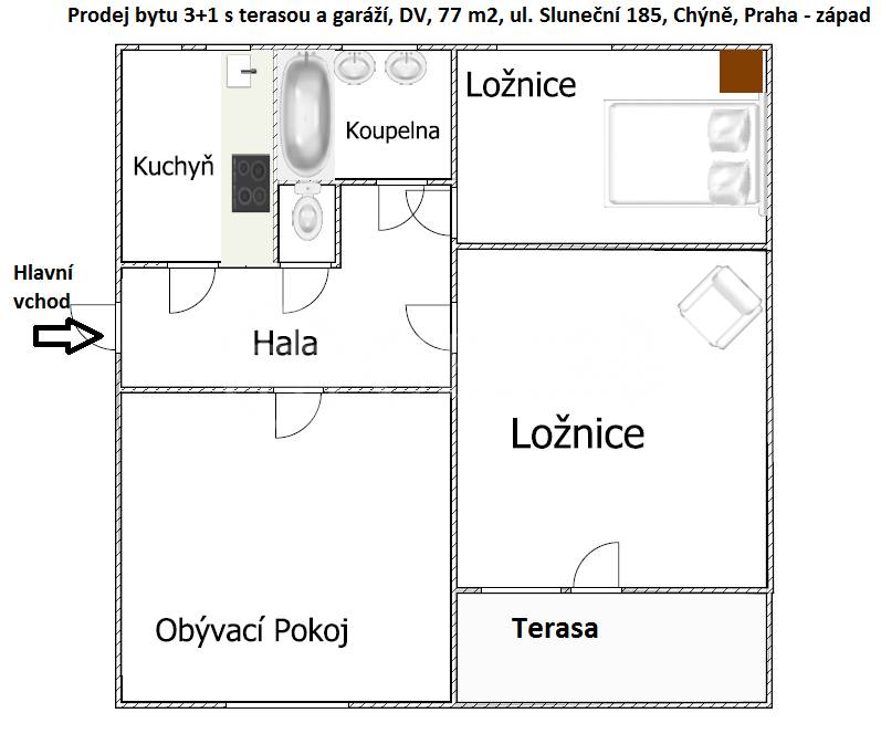 Prodej bytu 3+1 s terasou a garáží, OV, 77 m2, ul. Sluneční 185, Chýně, Praha - západ